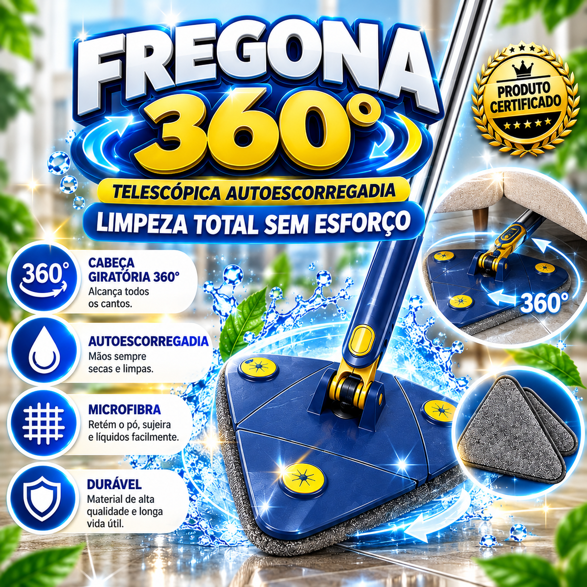 Mopa de limpeza telescópica com torção automática a 360°