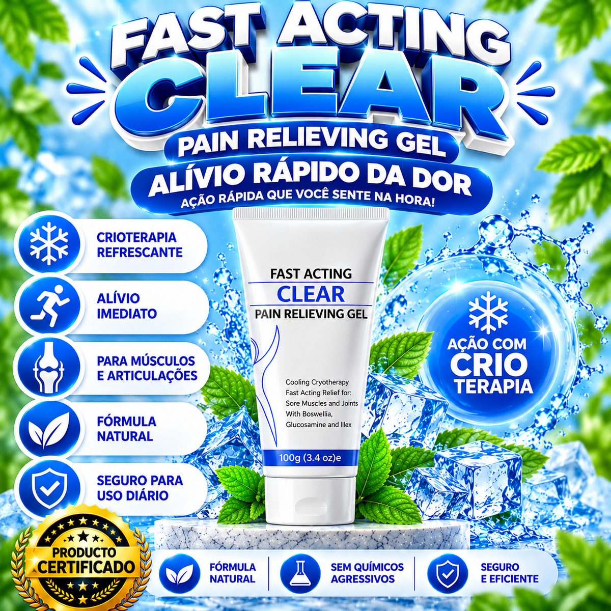 Gel para aliviar a dor com crioterapia refrescante