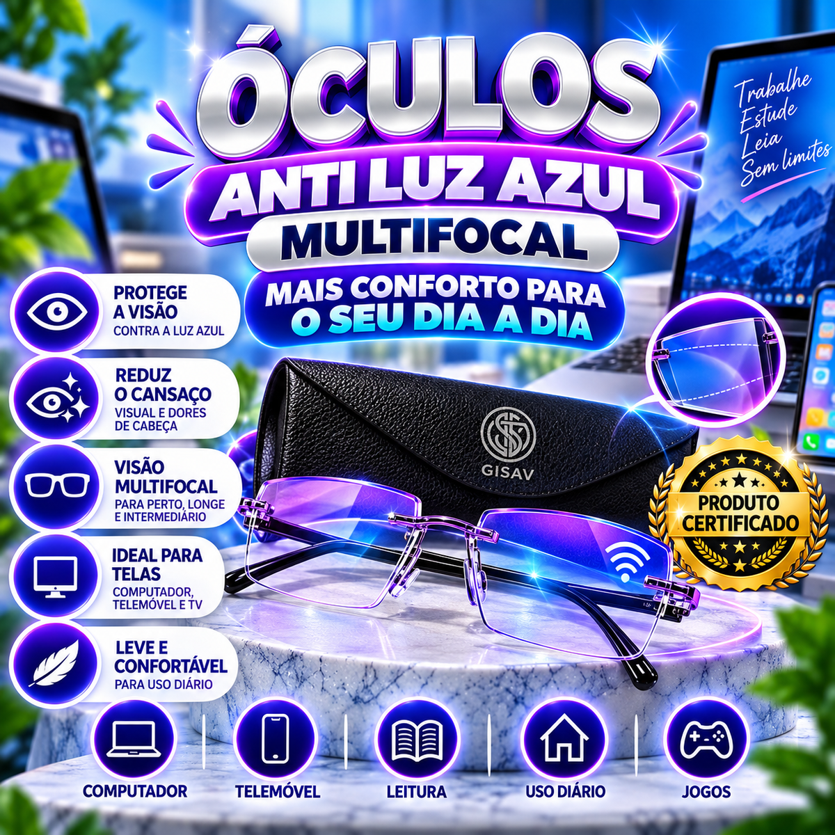 Óculos Multifocais Anti-Luz Azul + Estojo em Pele