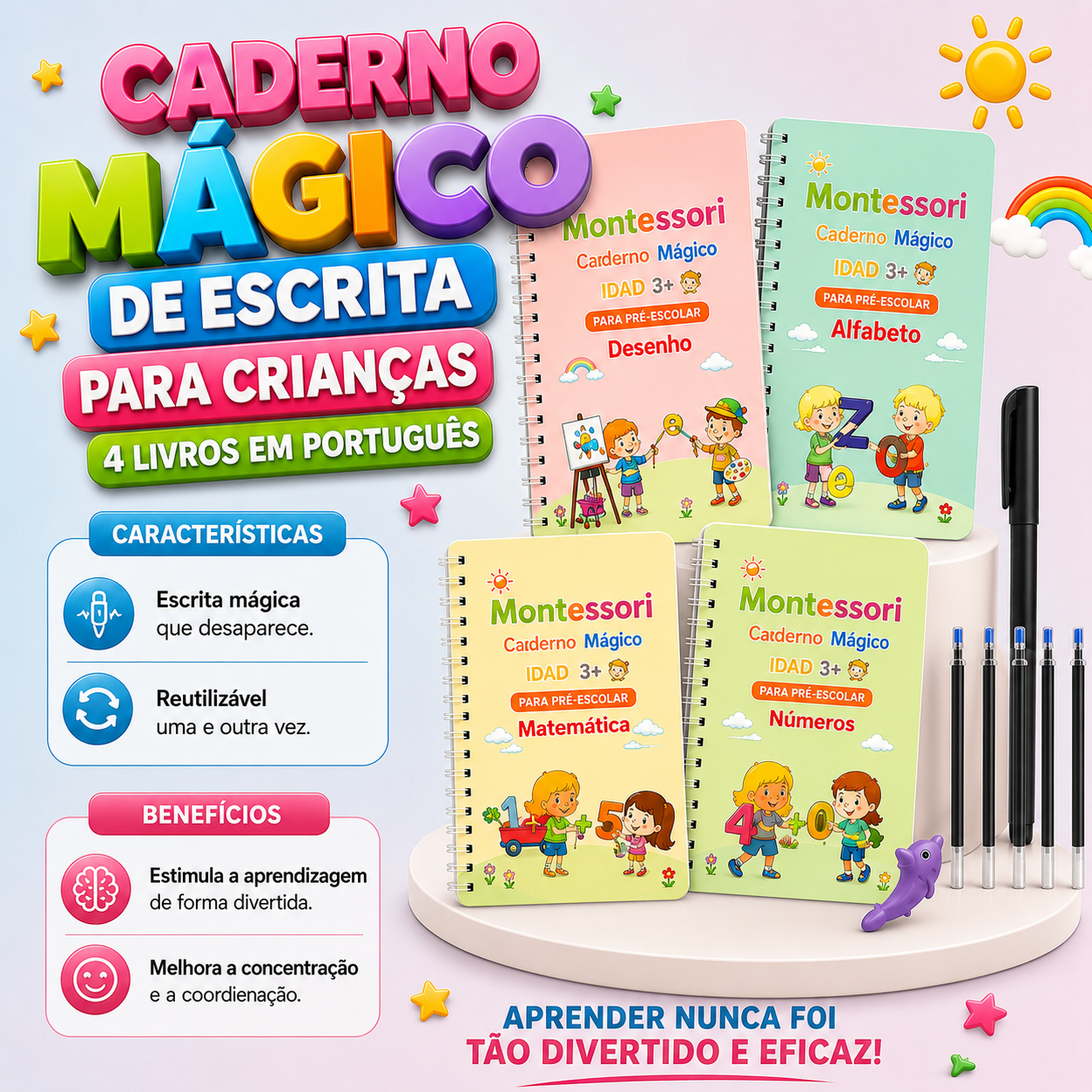 Caderno de Escrita Mágica para Crianças 4 livros Português