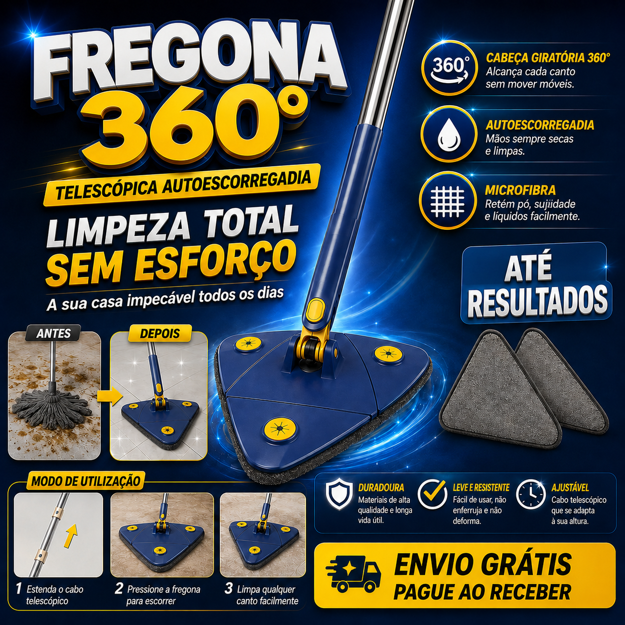 Mopa de limpeza telescópica com torção automática a 360°