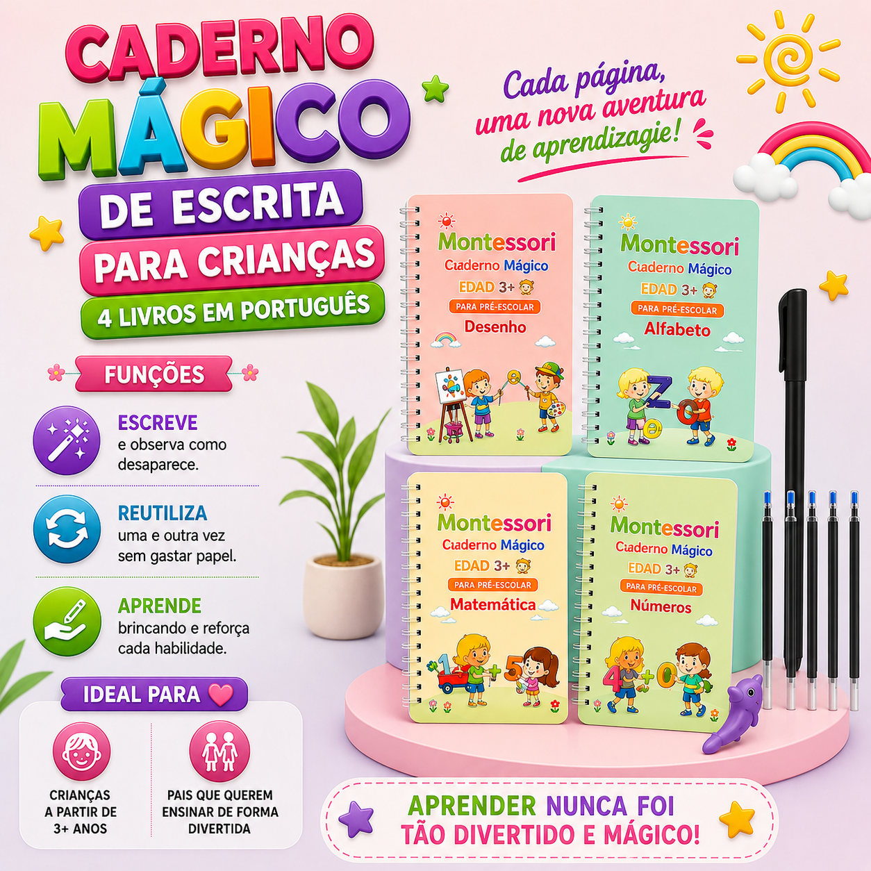 Caderno de Escrita Mágica para Crianças 4 livros Português